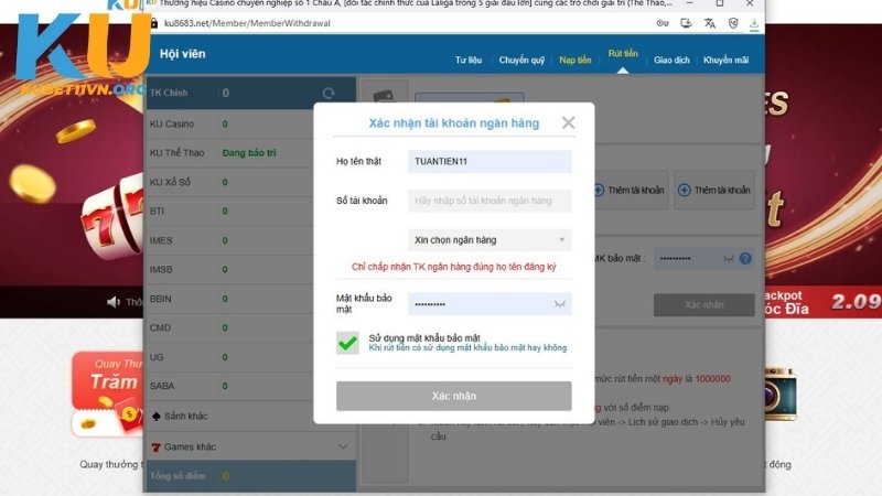 Thêm tài khoản ngân hàng nhận tiền vào KUBET11